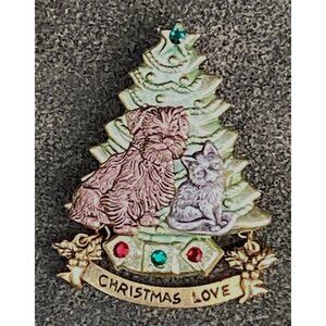 Gold Tone Christmas Tree Brooch Dog Cat Rhinestones Christmas Love